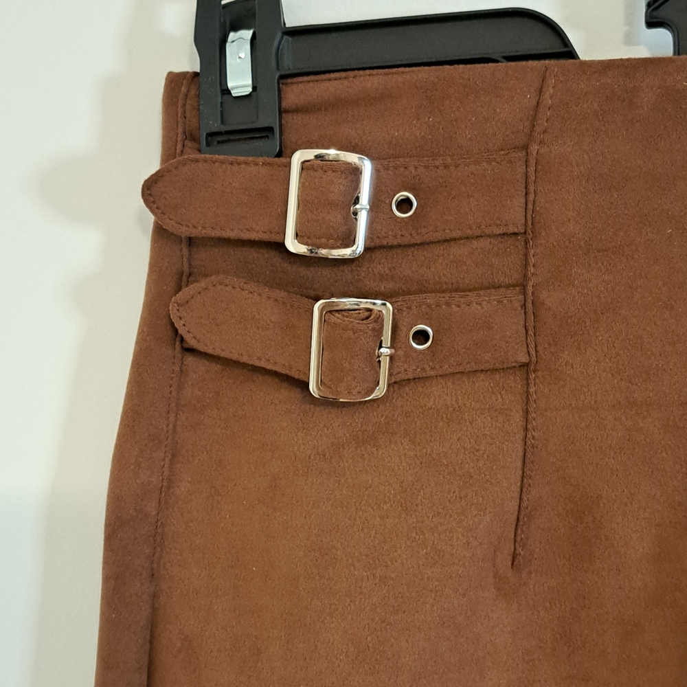 Iris Basic Brown Double Buckle Unlined Mini Skirt… - image 5